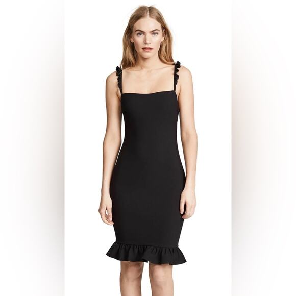 Likely Carmen Black Ruffle Knee Length Dress Size 8 Sleeve Stretch Flutter Hem - Picture 2 of 16